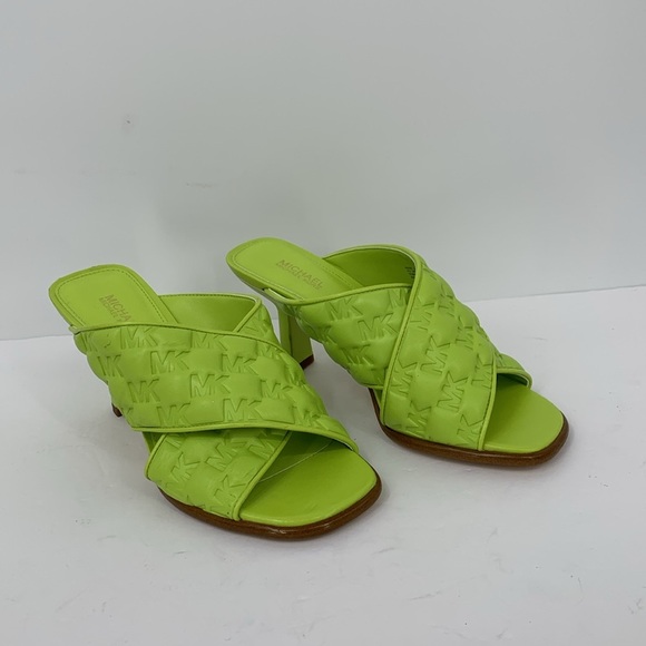 Michael Kors Gideon embossed logo sandal shoe lime green heel crisscross strap 6 - Picture 2 of 6